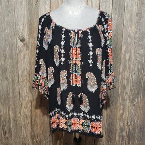 Bila XL Women's Top Blouse Black Paisley Ruffle Bell 3/4 Sleeve Tassel Tie Neck